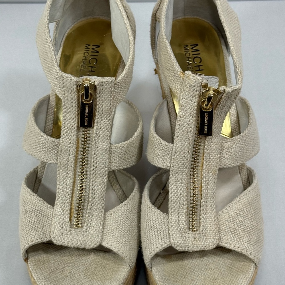 Michael Kors Cream Wedge Sandals with Gold Zipper